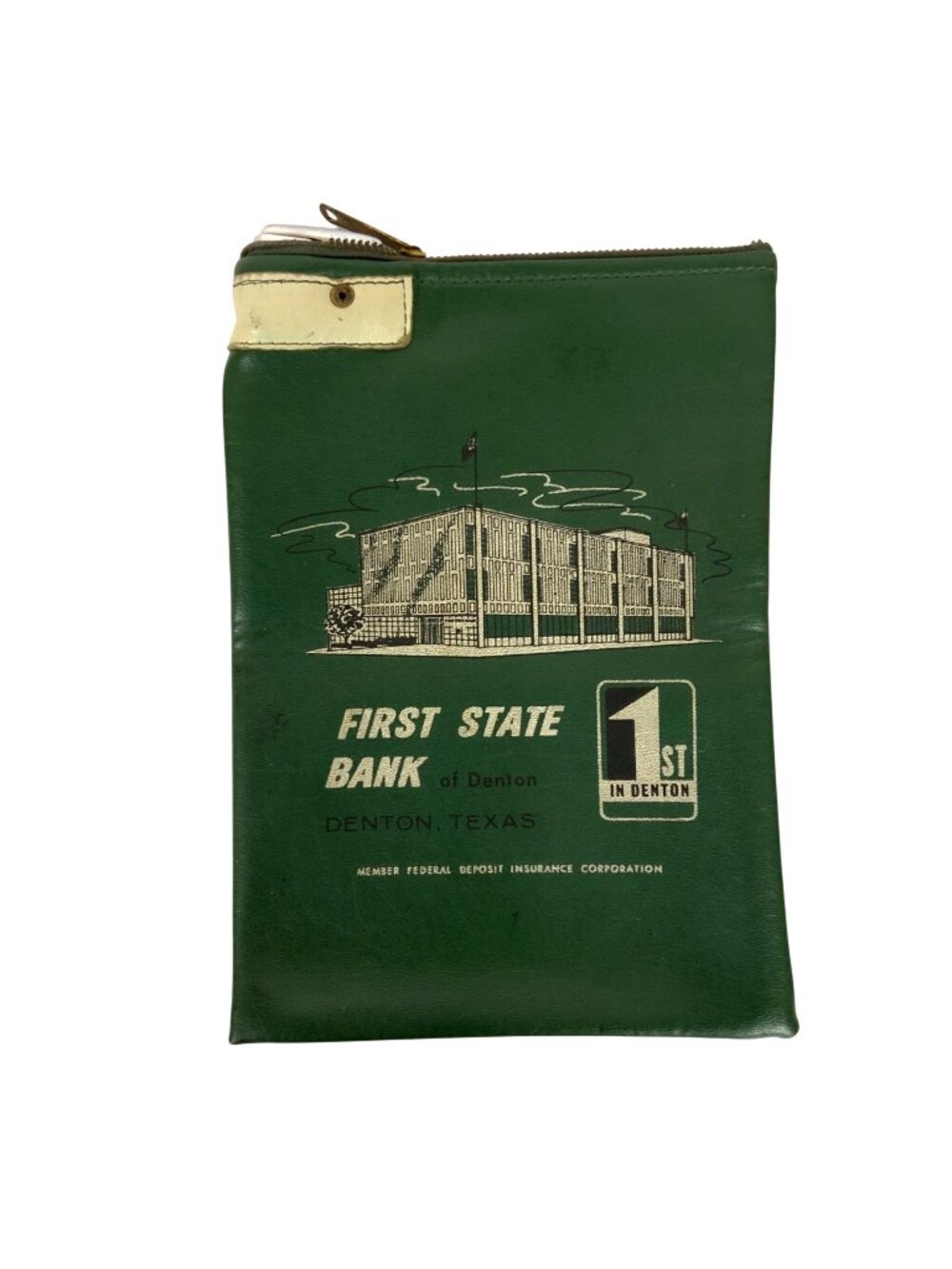 Vintage First State Bank Of Denton Green Zippered Deposit Bag With Lock - NO KEY